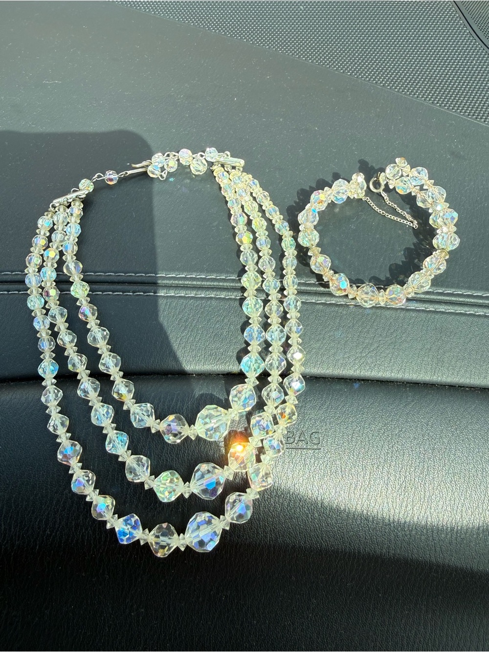 Vintage Triple Strand Aurora Borealis Faceted Glass Crystal Necklace & bracelet